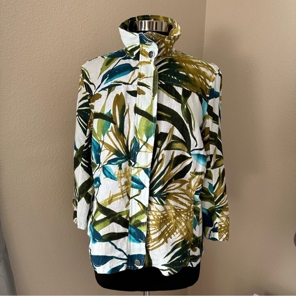 Chico's Tropical Print Linen Collar 3/4 Sleeve White Green Zip Jacket - Picture 3 of 16